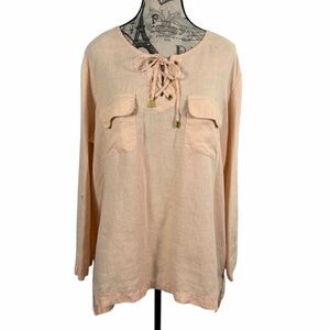 Company Ellen Tracy Linen Gramin Lace-Up Hi Lo Hem Coral Boho Tunic Top Size XL